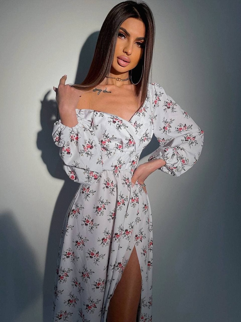 Цветочное платье-миди с разрезом и объемными рукавами | PUSHKA SHOP