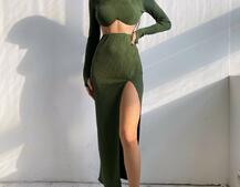 Трикотажный комплект: топ с чашечками push up + юбка миди с разрезом  | PUSHKA SHOP