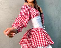 Хлопковое платье в клетку с подъюбником и корсетом из эко-кожи Хлопковое платье в клетку с подъюбником и корсетом из эко-кожи | PUSHKA SHOP