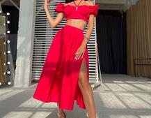 Комплект из хлопка: топ с завязками на груди + юбка-миди с разрезом  | PUSHKA SHOP