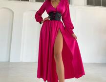 Шелковое платье -миди с разрезом  + корсет из эко-кожи | PUSHKA SHOP