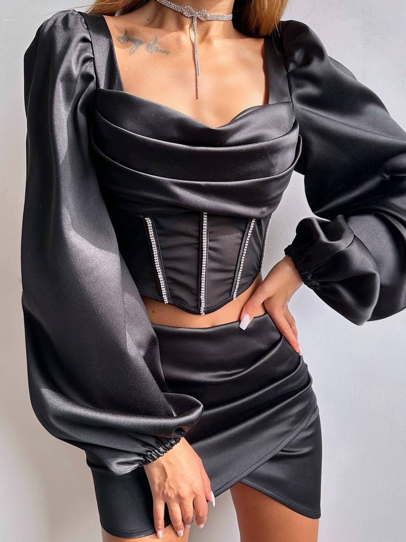 Комплект: корсет, декорований стразами   + спідниця міні з драпіруванням  | PUSHKA SHOP