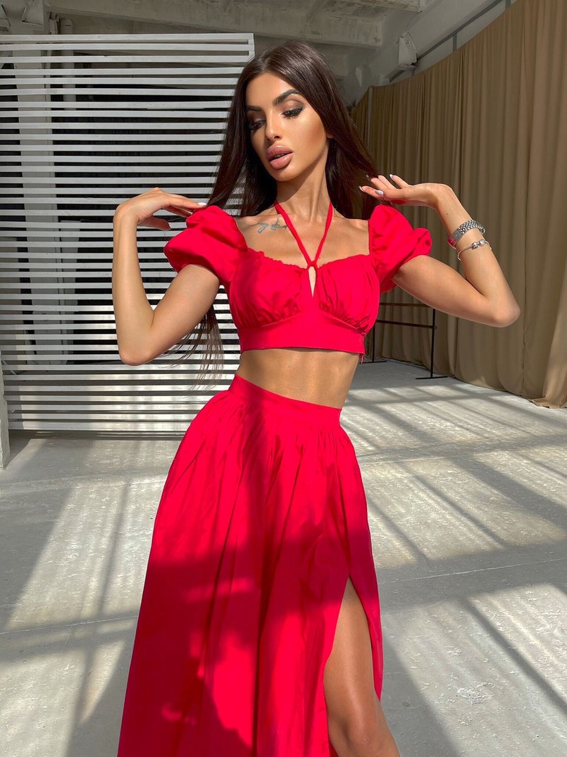 Комплект из хлопка: топ с завязками на груди + юбка-миди с разрезом  | PUSHKA SHOP