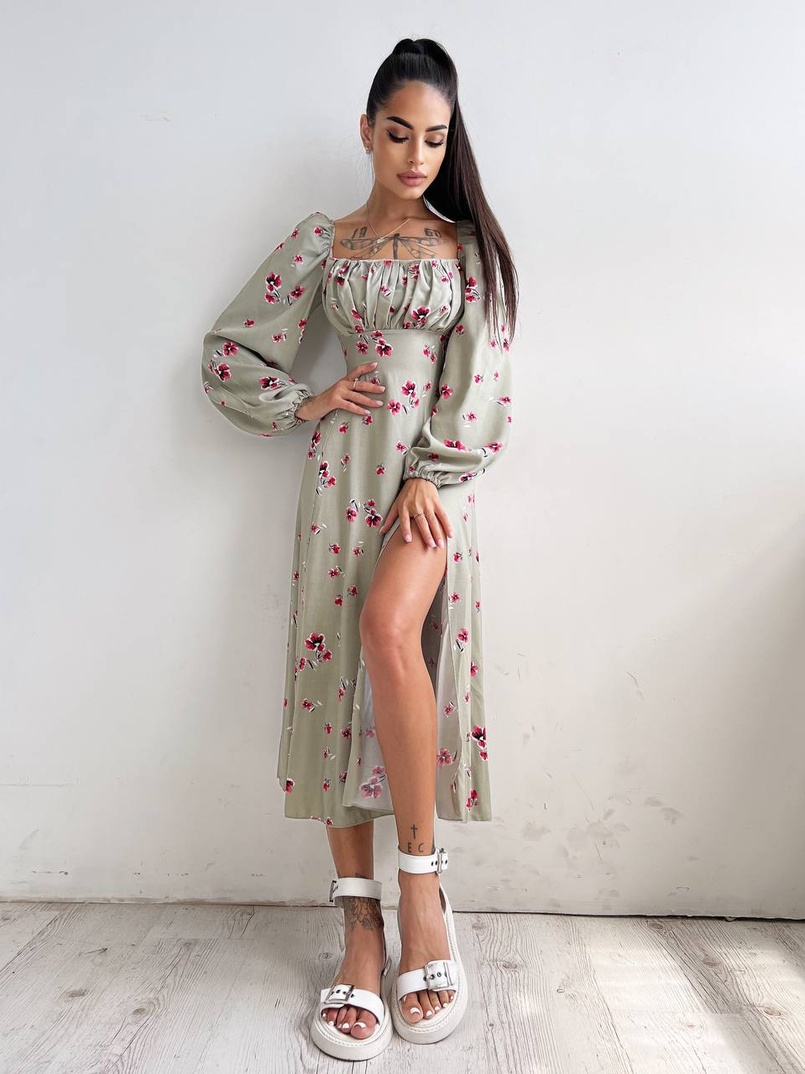 Сукня міді з розрізом в квітковий принт + прозорий корсет Сукня міді з розрізом в квітковий принт + прозорий корсет | PUSHKA SHOP