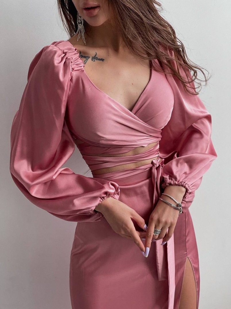 Шелковый комплект: топ с завязками на талии + юбка миди с разрезом  | PUSHKA SHOP