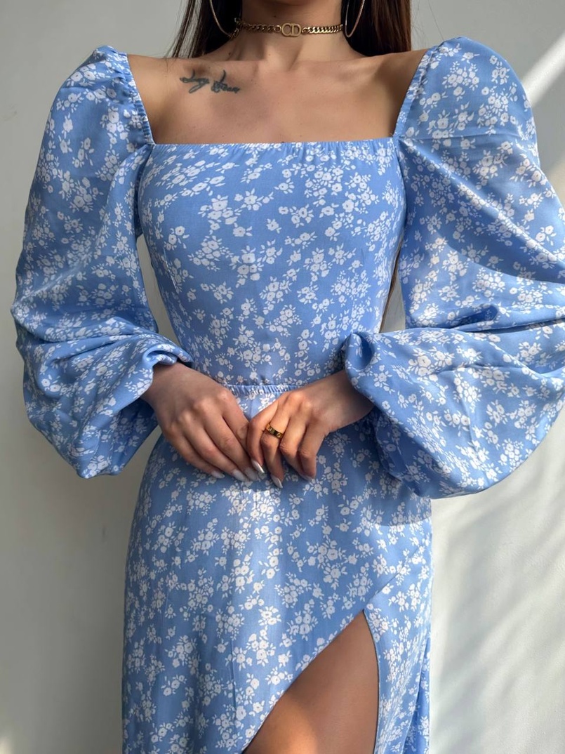 Квіткова сукня-міді зі шнурівкою на спинці та розрізом на ніжці | PUSHKA SHOP