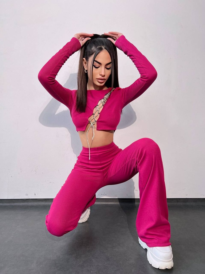 Комплект : штани кльош і топ декорований шнурком зі стразами  | PUSHKA SHOP