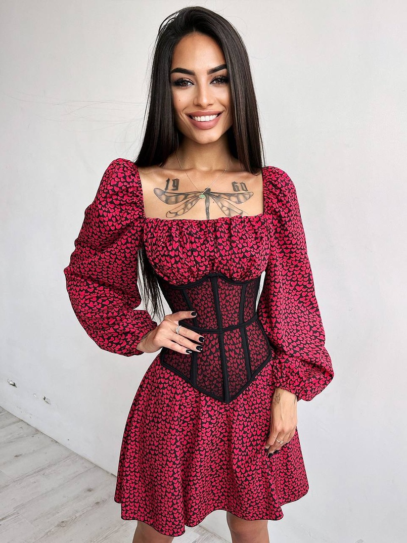 Приталена сукня з принтом  + прозорий корсет | PUSHKA SHOP