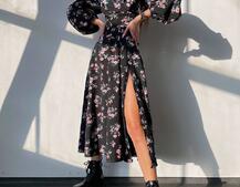 Квіткова сукня-міді з розрізом та об'ємними рукавами | PUSHKA SHOP