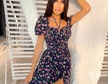 Летнее цветочное платье-миди с завязками на груди  | PUSHKA SHOP