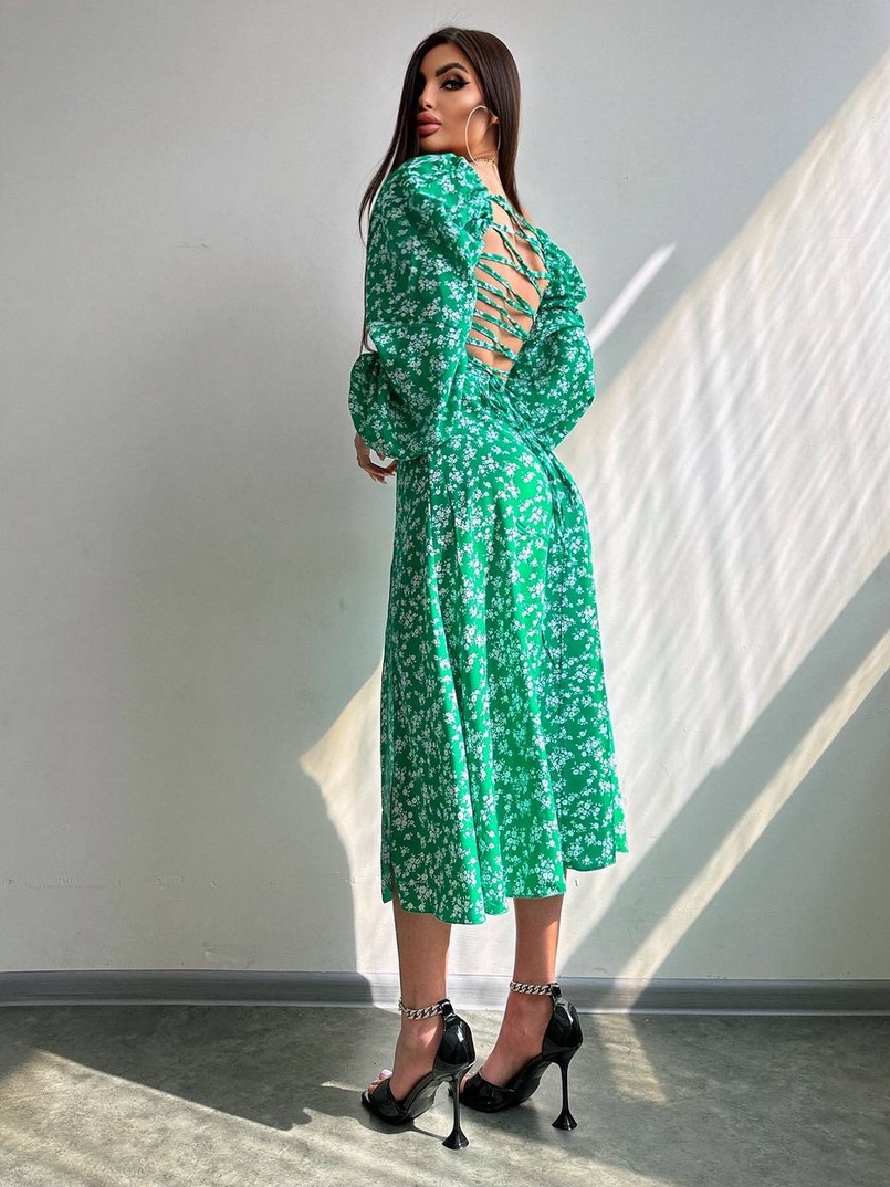 Квіткова сукня-міді зі шнурівкою на спинці та розрізом на ніжці | PUSHKA SHOP