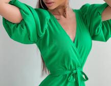 Льняное платье-миди с запахом и объемными рукавами  | PUSHKA SHOP