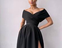 Сукня максі  з відкритими плечима та розрізом на спідниці Сукня максі  з відкритими плечима та розрізом на спідниці | PUSHKA SHOP