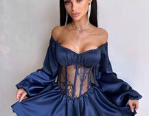 Атласна сукня з обʼємними рукавами та мереживом | PUSHKA SHOP