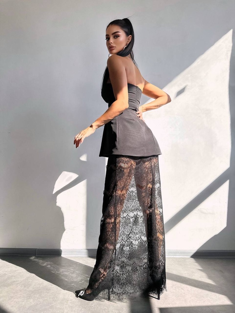 Комплект: піджак + блуза з баской + мереживна спідниця-шорти  | PUSHKA SHOP