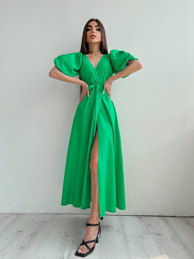 Льняное платье-миди с запахом и объемными рукавами  | PUSHKA SHOP