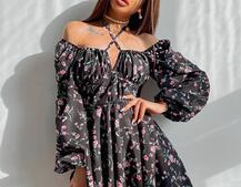 Цветочное платье с пышной юбкой и завязками на груди  Цветочное платье с пышной юбкой и завязками на груди  | PUSHKA SHOP