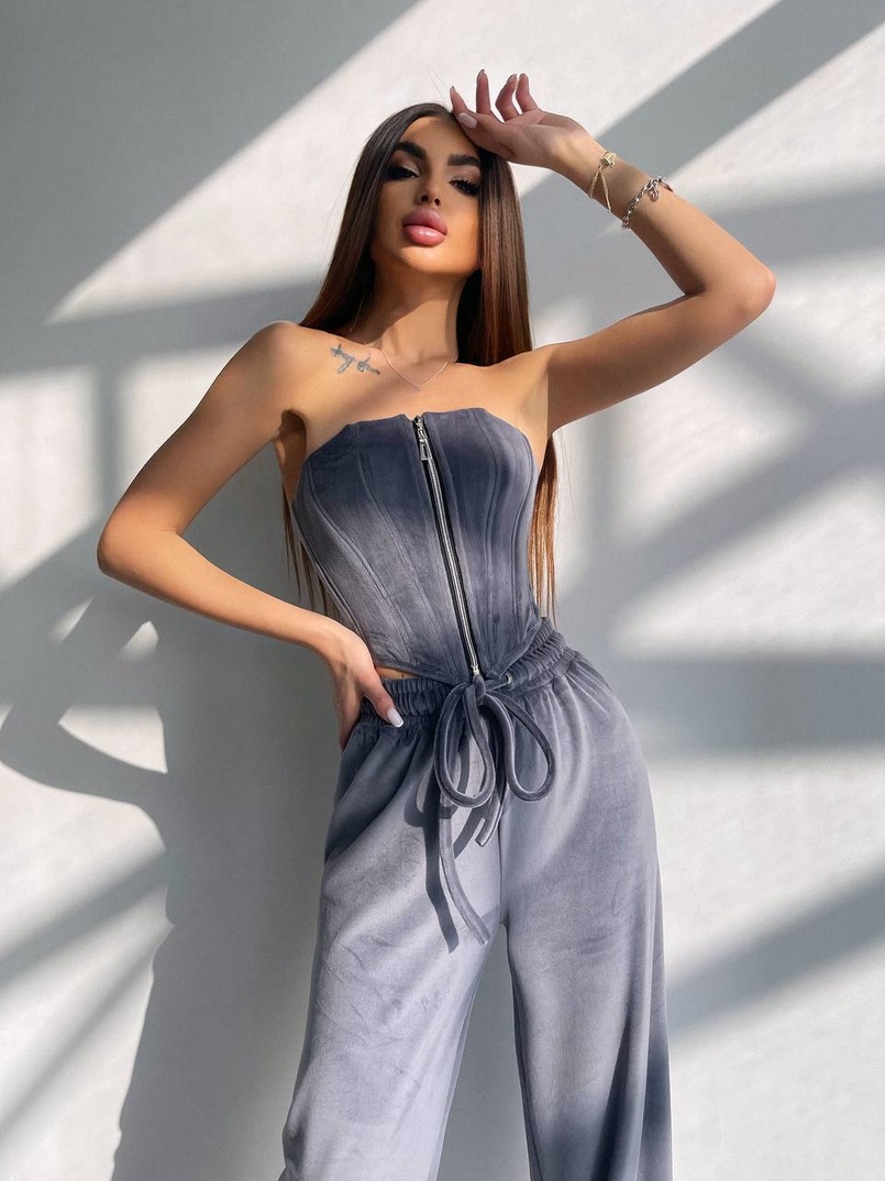 Велюровий комплект трійка: кофта + корсет на блискавці+ штани | PUSHKA SHOP