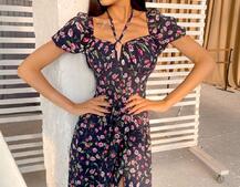 Летнее цветочное платье-миди с завязками на груди  | PUSHKA SHOP