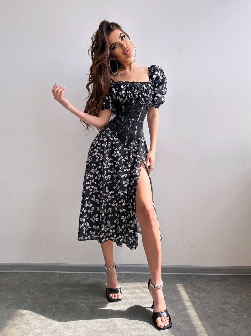 Сукня міді з розрізом в квітковий принт + прозорий корсет  Сукня міді з розрізом в квітковий принт + прозорий корсет  | PUSHKA SHOP