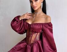 Атласна сукня з обʼємними рукавами та мереживом | PUSHKA SHOP