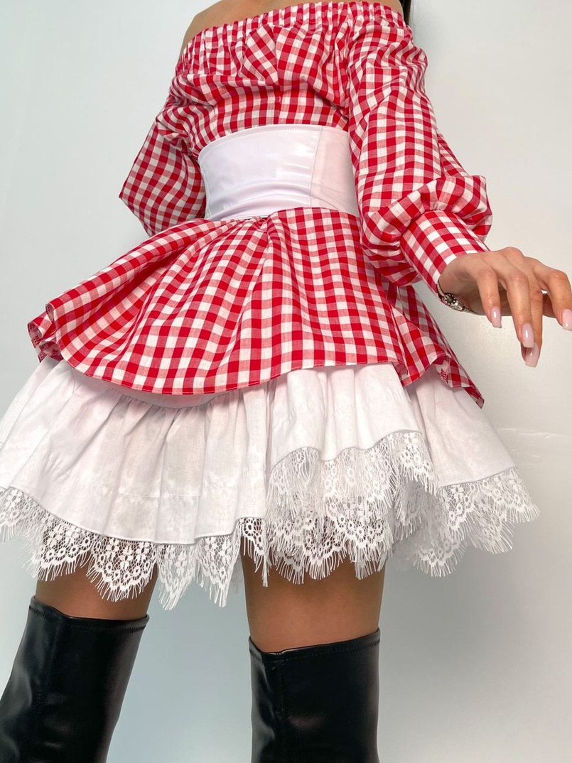 Хлопковое платье в клетку с подъюбником и корсетом из эко-кожи Хлопковое платье в клетку с подъюбником и корсетом из эко-кожи | PUSHKA SHOP