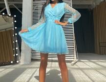 Блестящее платье-мини с пышной юбкой и завязками на талии Блестящее платье-мини с пышной юбкой и завязками на талии | PUSHKA SHOP