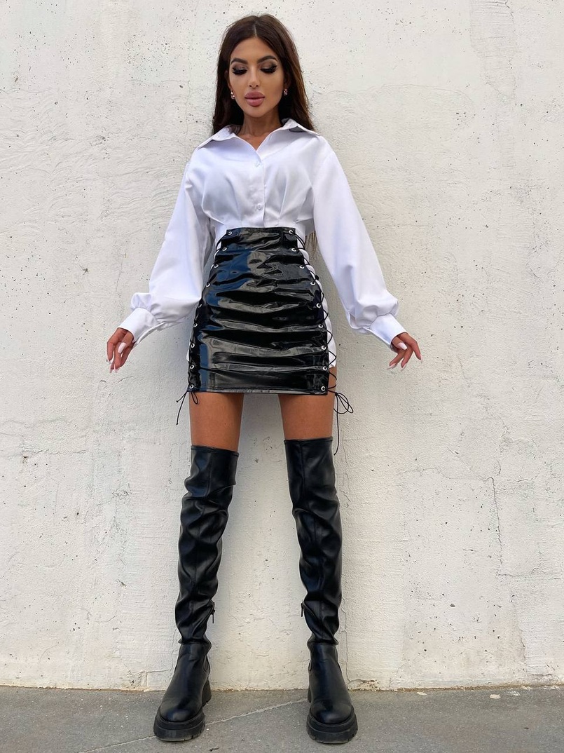 Приталена сорочка + спідниця зі шнурівкою  Приталена сорочка + спідниця зі шнурівкою  | PUSHKA SHOP