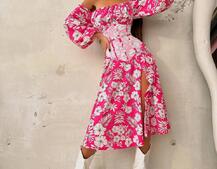 Сукня міді з розрізом в квітковий принт + прозорий корсет Сукня міді з розрізом в квітковий принт + прозорий корсет | PUSHKA SHOP