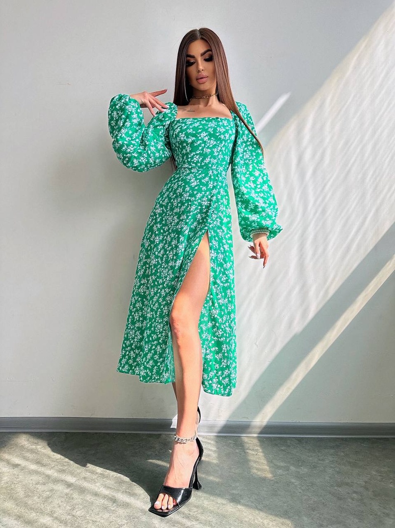 Квіткова сукня-міді зі шнурівкою на спинці та розрізом на ніжці | PUSHKA SHOP