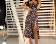 Летнее цветочное платье-миди с завязками на груди  | PUSHKA SHOP