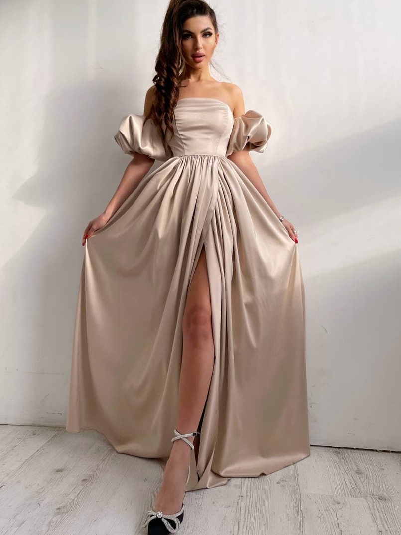 Атласное платье макси с объемными рукавами   | PUSHKA SHOP