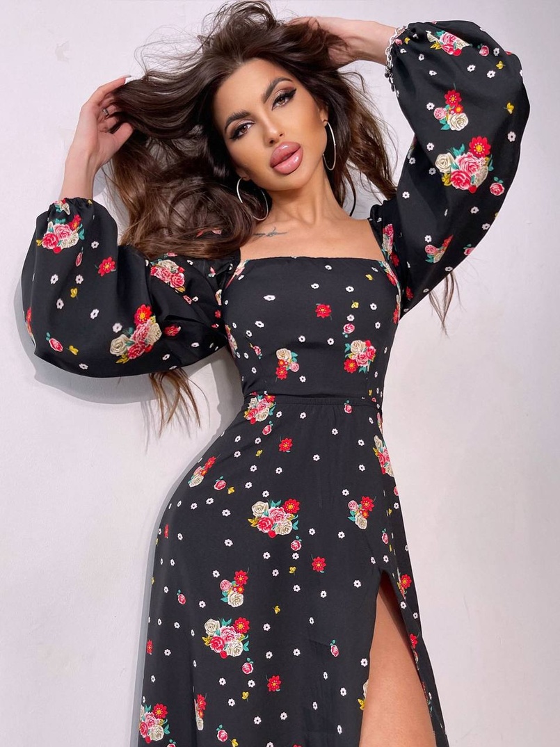 Квіткова сукня-міді зі шнурівкою на спинці та розрізом на ніжці | PUSHKA SHOP