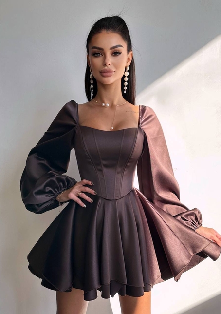 Атласна корсетна сукня з пишною подвійною спідницею та об‘ємними рукавами Атласна корсетна сукня з пишною подвійною спідницею та об‘ємними рукавами | PUSHKA SHOP