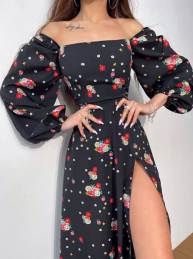 Квіткова сукня-міді зі шнурівкою на спинці та розрізом на ніжці | PUSHKA SHOP