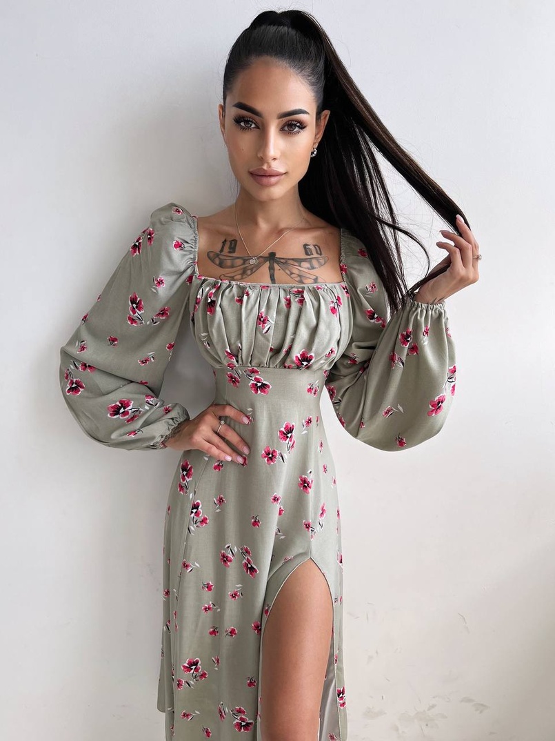 Сукня міді з розрізом в квітковий принт + прозорий корсет Сукня міді з розрізом в квітковий принт + прозорий корсет | PUSHKA SHOP