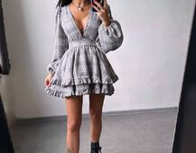 Сукня з подвійною спідницею та обʼємними рукавами у клітинку  | PUSHKA SHOP