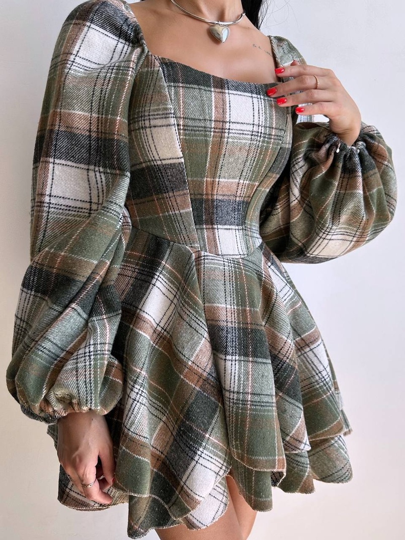 Корсетна сукня з подвійною спідницею та обʼємними рукавами у клітинку  | PUSHKA SHOP