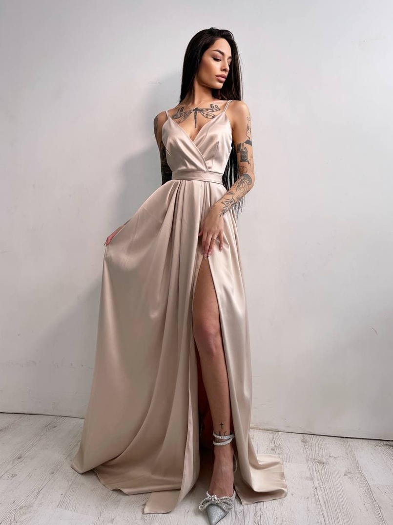 Платье макси с разрезом на юбке и запахом на груди   | PUSHKA SHOP