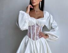 Атласна сукня з обʼємними рукавами та мереживом | PUSHKA SHOP