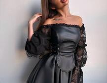 Корсетна сукня з еко-шкіри з мереживними рукавами | PUSHKA SHOP