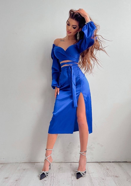 Шелковый комплект: топ с завязками на талии + юбка миди с разрезом  | PUSHKA SHOP