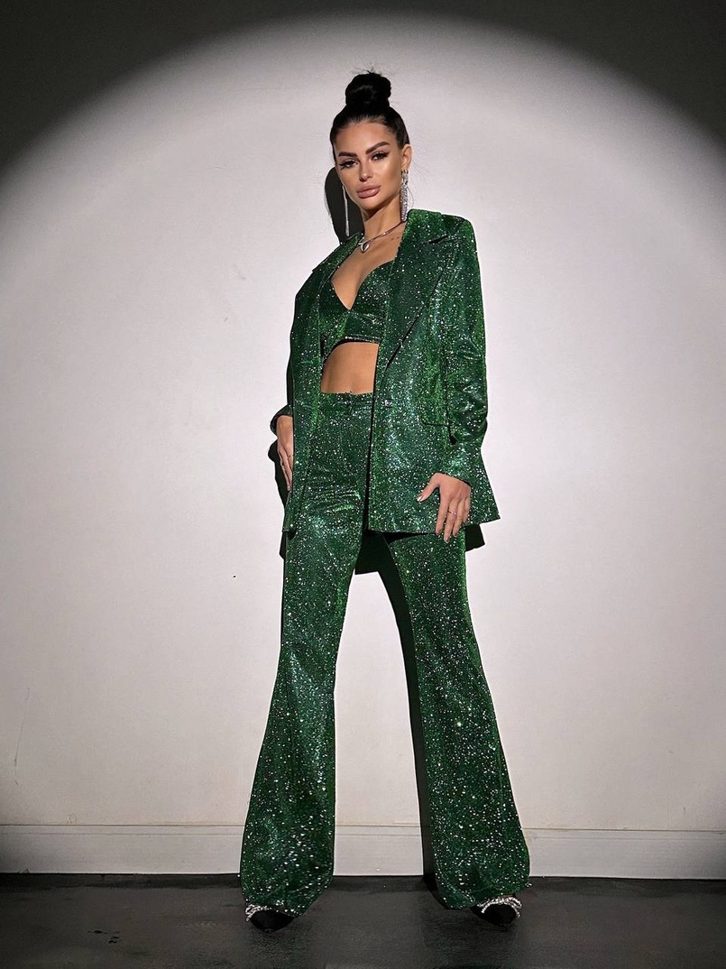 Костюм: піджак на підкладці, штани кльош+ топ з чашечками | PUSHKA SHOP