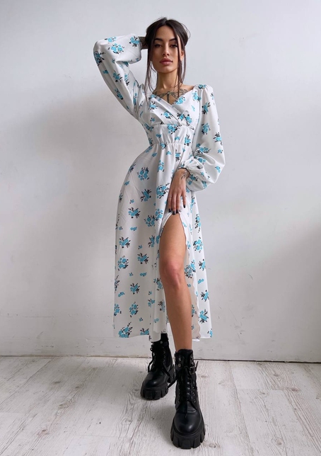 Квіткова сукня-міді з розрізом та об'ємними рукавами | PUSHKA SHOP