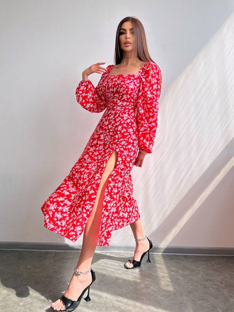 Квіткова сукня-міді зі шнурівкою на спинці та розрізом на ніжці | PUSHKA SHOP