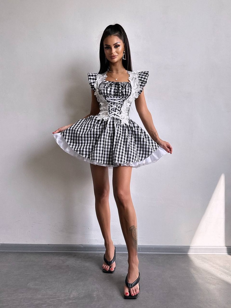 Сукня в клітинку декорована мереживом  | PUSHKA SHOP
