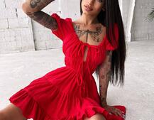 Муслиновое платье с оборками и завязками на груди Муслиновое платье с оборками и завязками на груди | PUSHKA SHOP