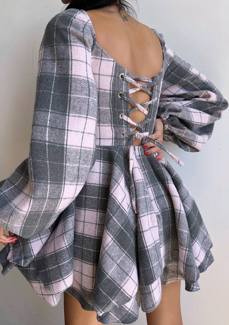 Корсетна сукня з подвійною спідницею та обʼємними рукавами у клітинку  Корсетна сукня з подвійною спідницею та обʼємними рукавами у клітинку  | PUSHKA SHOP