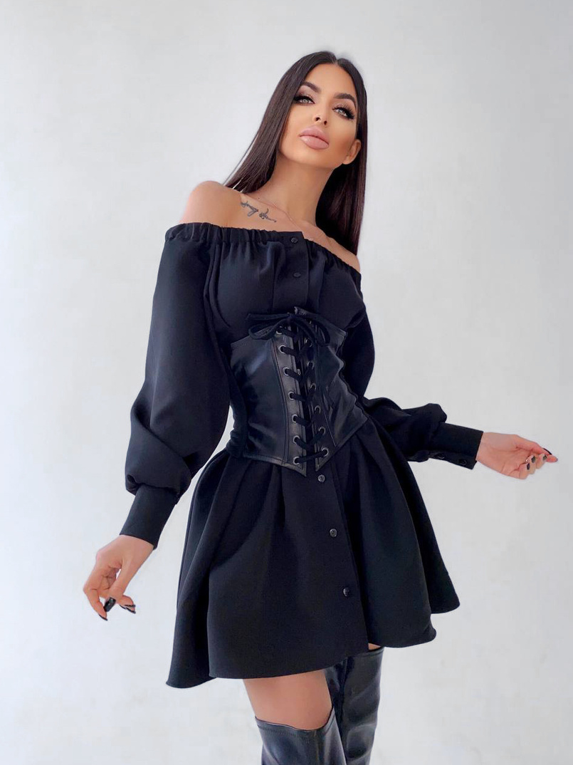 Приталенное платье-рубашка на плечиках с корсетом из эко-кожи Приталенное платье-рубашка на плечиках с корсетом из эко-кожи | PUSHKA SHOP