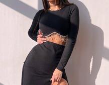 Комплект: спідниця з розрізом + топ, декорований бахромой зі страз Комплект: спідниця з розрізом + топ, декорований бахромой зі страз | PUSHKA SHOP